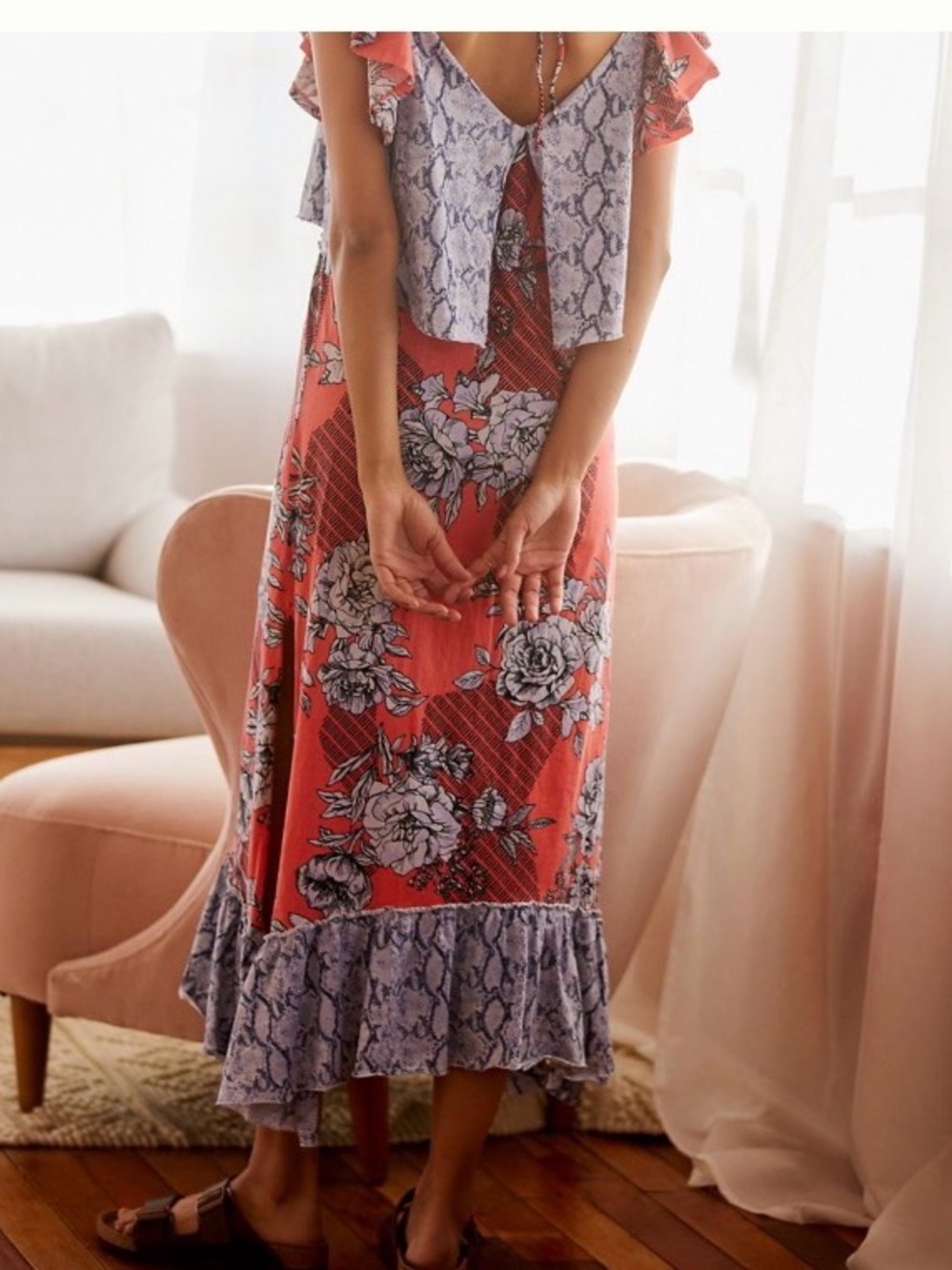 Anthropologie Coral and Lavender Floral Maxi with Snake-Print Overlay - Picture 3 of 8
